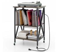 RELAX4LIFE Supporto per Giradischi con Stazione di Ricarica, Porta Vinili a 3 Ripiani con Ruote, Espositore per 250 Album, Carico Max 90kg, per Ufficio, Studio, Camera da Letto (Grigio)