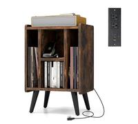 RELAX4LIFE Supporto per Giradischi con Stazione di Ricarica, Porta Vinili con 4 Scomparti Aperti, Espositore per Dischi, Carico Max 90kg per Ufficio, Studio, Camera da Letto (Marrone)