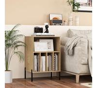 RELAX4LIFE Supporto per Giradischi con Stazione di Ricarica, Porta Vinili con 5 Scomparti e Gambe in Metallo, Scaffale per Dischi in Vinile per Soggiorno, Camera da Letto (Naturale)