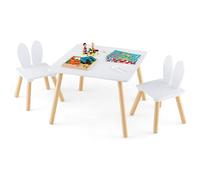 RELAX4LIFE Tavolino Bambini con 2 Sedie con Orecchie da Coniglio, Set Tavolo e Sedie in Legno per Bambini 3-6 Anni, Design Compatto, Tavolino per Giocare, Disegnare e Leggere, Porta 40 KG (BIANCO)