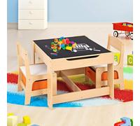 RELAX4LIFE Tavolino Bambini con Sedie, Tavolino Legno 3 in 1, Tavolo per Bambini con Piano Reversibile (Lavagna/Bianco) e 2 Sedie con Cassetti (62 x 62 x 48,5 cm, Naturale)