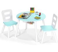 RELAX4LIFE Tavolino Bambini Rotondo con 2 Sedie, Set Montessori in Legno con Gambe in Pino Massello, Sicuro senza Spigoli Vivi, Borsa Storage e Schienale Ergonomico, per Età 3+ (verde)