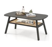 RELAX4LIFE Tavolino da Caffè a 2 Livelli, Tavolo Rettangolare con Mensola in Rattan e Gambe in Legno, Tavolino Laterale ad Alta Capacità Portante per Soggiorno, Ufficio, 100 x 55 x 44,5 cm, Nero
