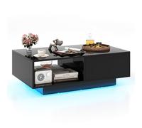 RELAX4LIFE Tavolino da Caffè Moderno 95x55x31cm, con 20 Luci LED Regolabili e Telecomando, in Legno con Finitura Lucida, Cassetto a Pressione e Ripiano Aperto, per Soggiorno o Ufficio, Max 65kg (Nero)