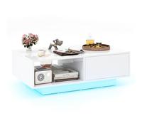 RELAX4LIFE Tavolino da Caffè Moderno 95x55x31cm, con 20 Luci LED Regolabili e Telecomando, in Legno con Finitura Lucida, Cassetto a Pressione e Ripiano Aperto, per Soggiorno, Max 65kg (Bianco)