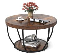 RELAX4LIFE Tavolino da Caffè Rotondo a 2 Piani, Tavolo con Telaio Metallico Robusto e Ripiani in Legno Spesso, Tavolino Rustico con Piedi Regolabili, per Soggiorno, Camera (Marrone)