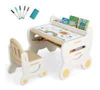 RELAX4LIFE Tavolino e Sedie per Bambini con Cancellabile e Libreria Incorporata, Portapenne, Contenitore, Sedia con Schienale Ergonomico, Set da Tavolo per Disegnare, Leggere, Bimbi 3-8 Anni (Marrone)