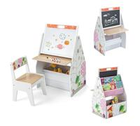 RELAX4LIFE Tavolo Cavalletto e Sedia per Bambini, Doppia Postazione per Giochi, Tavolino Artistico per Bambini con Lavagna Magnetica, Libreria e Cesto, Set Tavolo e Sedia Multifunzionale (BIANCO)