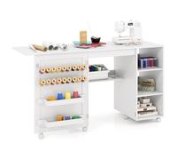 RELAX4LIFE Tavolo da Cucito Pieghevole, Mobile per Macchina da Cucire con Ripiani di Stoccaggio, 2 Contenitori e 18 Ganci, Stazione di Lavoro Portatile con Ruote Bloccabili per Spazi Ristretti