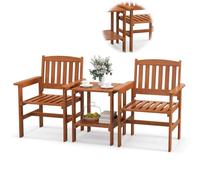 RELAX4LIFE Tavolo da Giardino con Sedie, Tavolino a 2 Livelli con Foro per Ombrellone (4cm), Poltrona Ergonomiche a Doghe Impermeabile, Set 3 Pezzi in Legno per Esterno (Arancione, Separato)