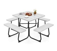RELAX4LIFE Tavolo da Picnic Quadrato per 4-8 Persone, con 4 Panche Integrate e Foro per Ombrellone, Tavolo da Campeggio con Piano in HDPE e Struttura Metallica, Portata 225 kg (BIANCO)