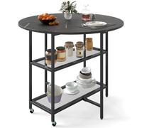 RELAX4LIFE Tavolo da Pranzo Pieghevole, 100 x 100 x 80cm, Tavolo Cucina Rotondo con 2 Mensole e Ruote Bloccabili, Stile Moderno con Piano Effetto Marmo, per Cucina e Soggiorno (Nero)