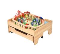 RELAX4LIFE Tavolo Gioco Bambini in Legno con Binari e Treno, 100 Pezzi, Cassetto con Ruote Bloccabili, Mappa Città, Giocattolo Interattivo, Tavolo Attività Regalo per Bambini 3+ Anni, 78 x 63 x 33cm