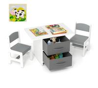 RELAX4LIFE Tavolo per Bambini con 2 Sedie Ergonomiche e 2 Cassetti in Tessuto Rimovibili, Set Scrivania e Sedia per Bambini dai 3 Anni in Su per Giocare e Studiare, Carico 50 kg (Grigio)