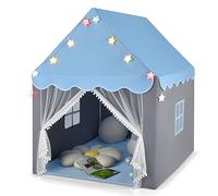 RELAX4LIFE Tenda da Gioco per Bambini con Luci a Stella, Casetta per Bambini da Interno con Tappetino e Zanzariera Lavabile, Castello dei Sogni 105x121x136 cm (Azzurro)