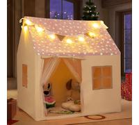 RELAX4LIFE Tenda da Gioco per Bambini con Tappeto Imbottito, Castello per Bambini Piccoli con Ghirlanda Luminosa, Tessuto Fosforescente, Bandierine Colorate, Porta Scorrevole, 2 Finestre (ROSA)