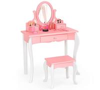 RELAX4LIFE Toeletta con Sgabello per Bambini, Tavolo da Trucco con Specchio Cosmetico Girevole, Struttura Antiscivolo con Sicurezza Anti Ribaltamento, Scrivania e Sgabello da Cameretta (Rosa)