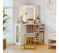 RELAX4LIFE Toeletta da Trucco con Sgabello, Tavolo Trucco con Specchio Triplo, Luce Regolabile, Prese Elettriche, Sgabello con Cuscino Rimovibile, per Camera da Letto