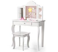 RELAX4LIFE Toeletta Trucco Bambina con Specchio e Sgabello, Centro di Bellezza, Giocattolo da Trucco, Set Tavolo da Trucco in Legno per Tesori, 70 x 34 x 103 cm (Bianco)