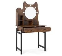 RELAX4LIFE Toeletta Trucco con Specchio e Luci, Tavolo da Trucco a Tema Gattino con Stazione di Ricarica, 3 Modalità di Illuminazione, Luminosità Regolabile, Postazione Trucco per Camera (Marrone)