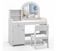 RELAX4LIFE Toeletta Trucco per Bambina con Luci LED, 2 Colori, Specchiera Trucco con Sgabello, Mensole e Cassetto, Toeletta in Legno, per Bambini 3+ Anni (Bianco, L)