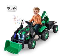 RELAX4LIFE Trattore Elettrico 4 in 1 per Bambini, Escavatore e Bulldozer con Rimorchio, Pala e Ruote Antiscivolo, Veicolo da Cantiere con Sedile Regolabile, Luci LED per Bambini di 3+ Anni (VERDE)