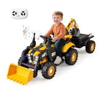RELAX4LIFE Trattore Elettrico 4 in 1 per Bambini, Escavatore e Bulldozer con Rimorchio, Pala e Ruote Antiscivolo, Veicolo da Cantiere con Sedile Regolabile, Luci LED per Bambini di 3+ Anni (GIALLO)