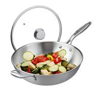 Relaxdays, Ø 32 cm, Acciaio Inox Non Rivestito, Fornello Elettrico e Induzione, Argento, 1x Padella Wok con 1x Coperchio in Vetro