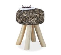 Relaxdays 10021520_470 Sgabello in Legno di Teak Carico max. 120 kg. Pouf Tondo Imbottito H x L x P: 48 x 38 x 38 cm, Nero-Beige