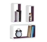 Relaxdays 10021790_749 Set 3 Mensole da Parete, Laccato Opaco, Decorative, Varie Misure, Capacità di Carico 10 kg, Bianco-Viola
