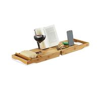 Relaxdays 10022179 Vassoio per Vasca da Bagno con Leggio e Porta-Bicchiere, Allungabile, HxLxP: 19x107,5x23 cm, Marrone Chiaro