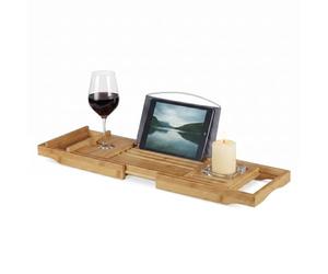 Relaxdays 10022179 Vassoio per Vasca da Bagno con Leggio e Porta-Bicchiere, Allungabile, HxLxP: 19x107,5x23 cm, Marrone Chiaro