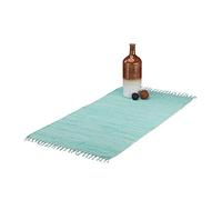 Relaxdays 10022319_54 Tappeto Patchwork con Frange per Soggiorno, Fatto a Mano, Cotone, Celeste, 70x140 cm