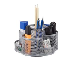 Relaxdays 10022487_55 Portapenne Scrivania Ufficio, 7 Scomparti, Girevole, Rotondo, Materiale Cancelleria Scuola, Argento