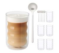 Relaxdays 10050364_307 Set di 6 Bicchieri da Latte Macchiato, con cucchiaini, Design Ondulato, 350 ml, Tazze da caffè, Trasparenti, Vetro a Doppia Parete