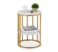 Relaxdays 10051108_613 Tavolino Effetto Marmo, 2 Ripiani, per Soggiorno, in Metallo e MDF, Rotondo, Altezza 57 x 40 cm, Oro, Bianco Dorato, 57x40 cm