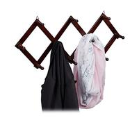 Relaxdays 1x Appendiabiti da Parete in Legno, Attaccapanni Allungabile 10 Ganci Ognuno per Vestiti, Pieghevole, Marrone Scuro