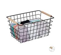 Relaxdays 1x Cestino Metallico, Manici in Legno, Rettangolare, Design a Rete Vestiti Accessori HxLxP 16 x 31 x 21 cm, Nero