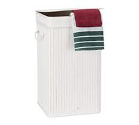 Relaxdays 1x Cesto Porta-Biancheria bambù, Pieghevole, Quadrato, Manici, Sacco Biancheria, Volume 70 L, HxØ: 63 x 36 cm, Bianco