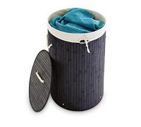 Relaxdays 1x Cesto Portabiancheria, Rotondo, Pieghevole, 70 L di Volume, Coperchio e Sacco di Cotone, Ø 41 cm, Nero