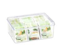 Relaxdays 1x Scatola Porta tè e Tisane, 6 Scomparti, 90 Bustine, Organizer Coperchio, Proteggi Aroma, 9x21,5x14,5 cm, Trasparente