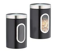 Relaxdays 2X Barattolo, con Coperchio, Finestra Trasparente, 1,4 L, caffè, Sale, Zucchero, Pasta, Cucina, Metallo, Nero