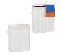 Relaxdays 2X Cesto Portabiancheria Rettangolare con Coperchio, 95 L, Organizer con 2 Scomparti, Pieghevole, in bambù, Bianco