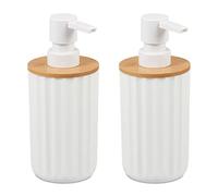 Relaxdays 2X Dispenser di Sapone, Rotondo, Moderno, Ricaricabile, Testa a Pressione, bambù & Plastica, Dosatore, Bianco Naturale