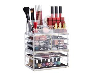 Relaxdays 2X Organizer Make-up con Cassetti, Contenitore Impilabile con Porta-Rossetti, in Acrilico, Trasparente Oro