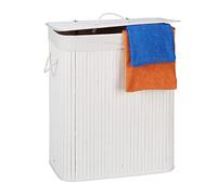Relaxdays 3X Cesto Portabiancheria Rettangolare con Coperchio, 95 L, Organizer con 2 Scomparti, Pieghevole, in bambù, Bianco