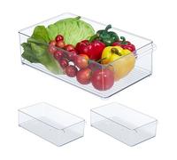 Relaxdays 3X Organizer da Frigorifero, Contenitore da Cucina, Box per Alimenti, 10x20,5x36,5 cm, con Manico, Trasparente