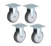 Relaxdays 4 Ruote per Carrello Fisse, 75 mm, Silenziose Rotelle per Mobili e Carichi da 280 kg, TPR e Acciaio, Grigio