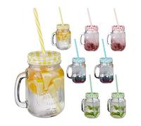 Relaxdays 48x Bicchieri con Cannuccia, 400 ml, HxLxP: 13 x 10,5 x 15 cm, Calici con Manico, Coppe con Coperchio, Colorati