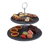 Relaxdays 4X Alzata in Ardesia, 2 Piatti per Dolci, Snack & Frutta, Centrotavola con Manico in Metallo, Antracite Argento